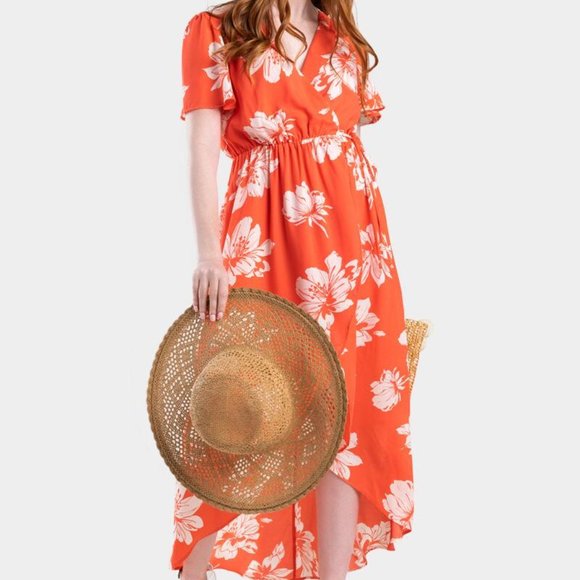 NWT Francesca's Coral Floral Wrap Dress, Hi-lo - Picture 1 of 4
